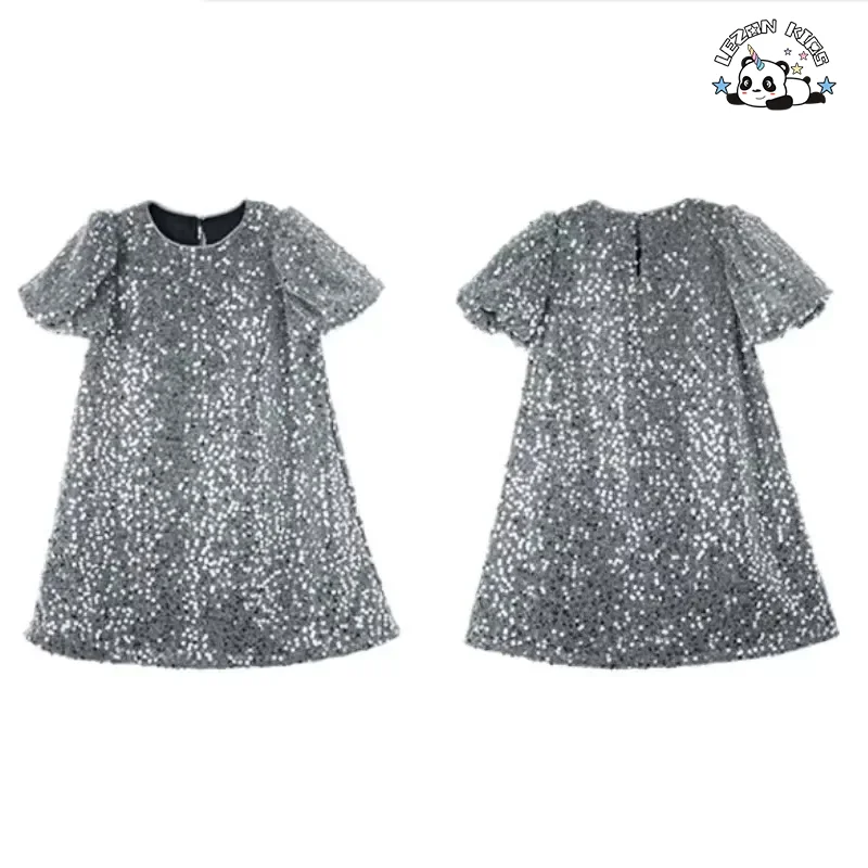 LEZONKIDS - 2024 New Fashion Spring and Summer Puff Sleeve Girl Dress Gray Sequined Girl Dress Zipper Girl Dress